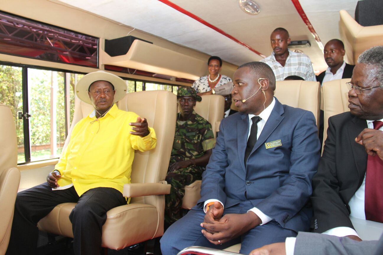 President Museveni expresses his satisfaction to Kiira Motors CEO Paul Isaac Musasizi and Minister Prof Tickodri-Togoboa after the maiden ride on Kayoola EV